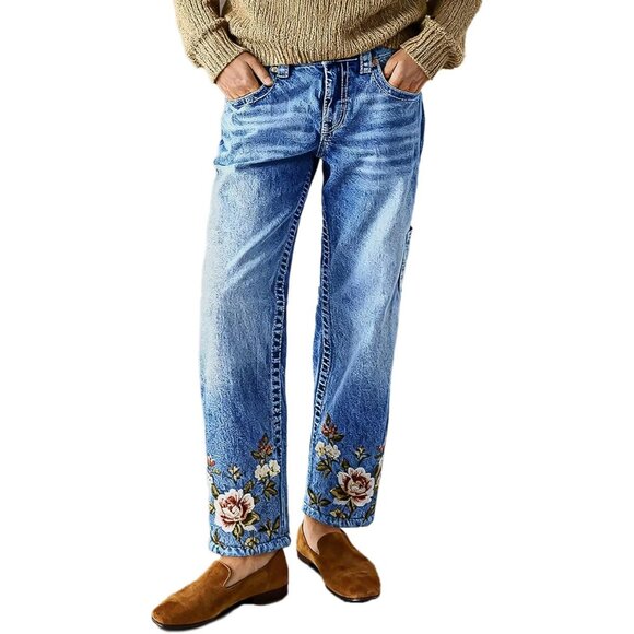 Women’s Mid Rise Straight Leg Jeans Floral Embroidery Vintage Wash - Picture 1 of 5